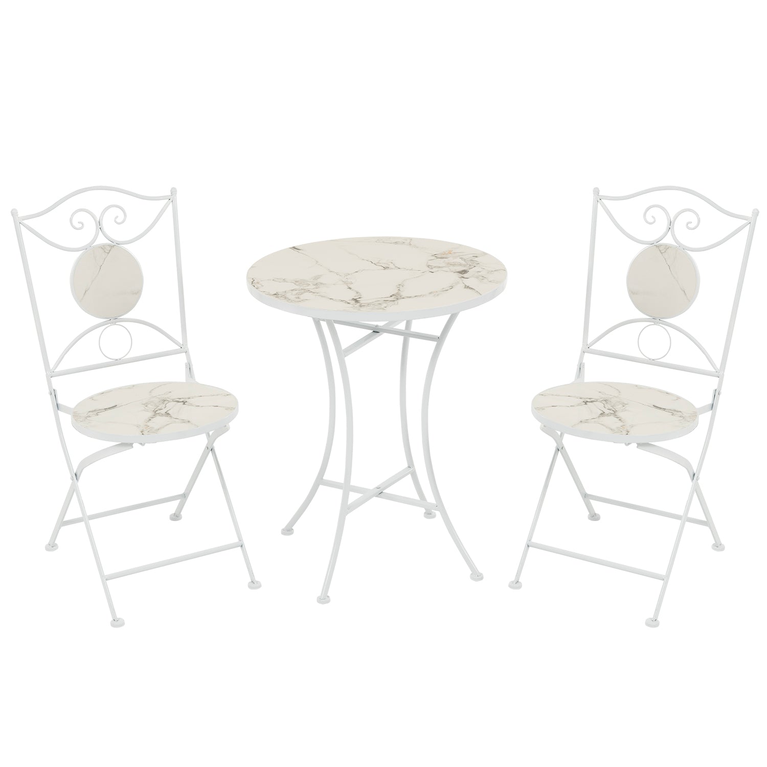 690923_1.jpg VESTIAMO CASA GIARDINO - Set giardino Bistrot tavolo rotondo 60 cm e 2 sedie in metallo Bianco e Top in ceramica Effetto Marmo Bianco - immagine 1