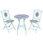 VESTIAMO CASA GIARDINO - Set giardino Bistrot Tavolo rotondo 60 cm e 2 sedie richiudibili in metallo Celeste con Top in Ceramica Effetto Mosaico
