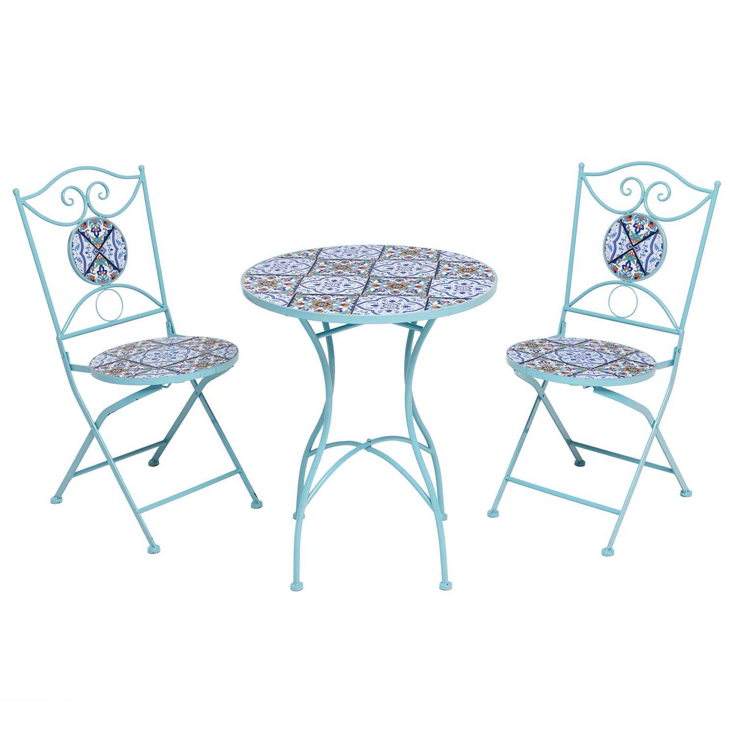 690951-01.jpg VESTIAMO CASA GIARDINO - Set giardino Bistrot Tavolo rotondo 60 cm e 2 sedie richiudibili in metallo Celeste con Top in Ceramica Effetto Mosaico - immagine 1