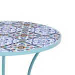 VESTIAMO CASA GIARDINO - Set giardino Bistrot Tavolo rotondo 60 cm e 2 sedie richiudibili in metallo Celeste con Top in Ceramica Effetto Mosaico - immagine 3
