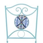 VESTIAMO CASA GIARDINO - Set giardino Bistrot Tavolo rotondo 60 cm e 2 sedie richiudibili in metallo Celeste con Top in Ceramica Effetto Mosaico - immagine 6