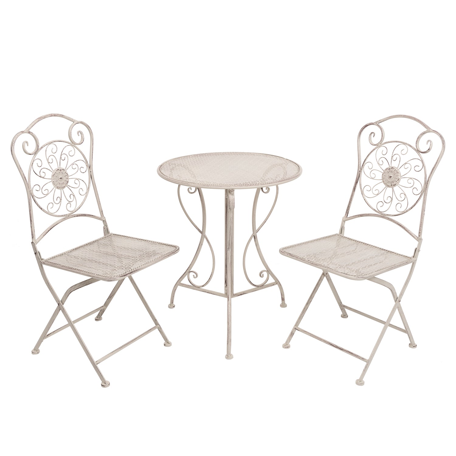 693135_5c7d59ec-4fb6-41a0-97cd-311879709bab.jpg VESTIAMO CASA GIARDINO - Set giardino Bistrot Tavolo rotondo 60 cm e 2 sedie richiudibili in metallo Bianco Decapato - immagine 1