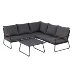 VESTIAMO CASA GIARDINO - Set Salotto da giardino Angolare 5 Posti Struttura in Acciaio Antracite, braccioli Effetto Legno e Top in Vetro con cuscini inclusi