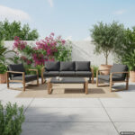 VESTIAMO CASA GIARDINO - Set Salotto da giardino 4 pezzi in Alluminio Effetto legno, Tavolino in vetro e Cuscini Antracite Design Moderno - immagine 2
