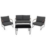 VESTIAMO CASA GIARDINO - Set da giardino 4 pezzi Struttura in Acciaio Antracite, braccioli con finitura effetto legno e Top in Vetro Temperato, cuscini inclusi