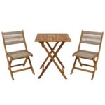 VESTIAMO CASA GIARDINO - Set giardino tavolo pieghevole 60x55 cm e 2 sedie pieghevoli in legno con seduta in corda di poliestere intrecciata