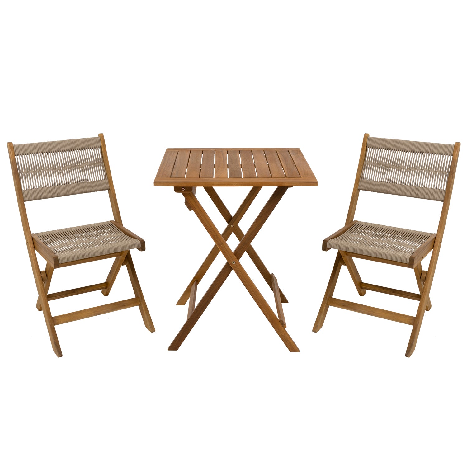 755205-01.jpg VESTIAMO CASA GIARDINO - Set giardino tavolo pieghevole 60x55 cm e 2 sedie pieghevoli in legno con seduta in corda di poliestere intrecciata - immagine 1