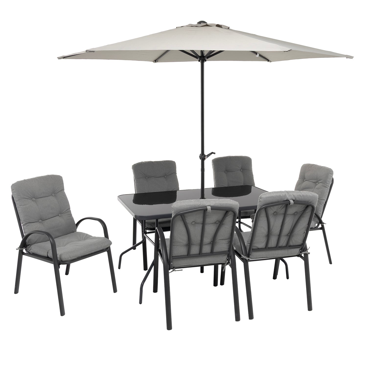 780600-01.jpg VESTIAMO CASA GIARDINO - Set Tavolo da Giardino 6 Sedie con Ombrellone Grigio - immagine 1