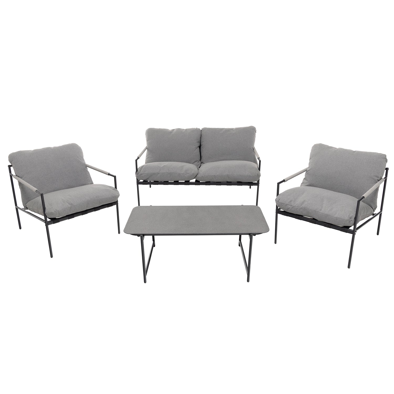 795300-01.jpg VESTIAMO CASA GIARDINO - Set da giardino 4 pezzi con Struttura in Acciaio Antracite, top in vetro e cuscini Grigio Chiaro - immagine 1