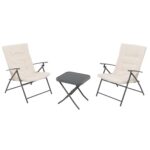 VESTIAMO CASA GIARDINO - Set giardino Tavolo 45x45 cm e 2 sedie in acciaio Antracite Richiudibili con Cuscini Ècru