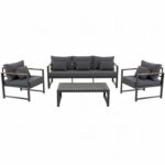VESTIAMO CASA GIARDINO - Set da giardino 4 pezzi struttura in alluminio Antracite e braccioli in Polywood con cuscini Grigio Scuro - Formato da 1 divano, 2 poltrone e 1 tavolino