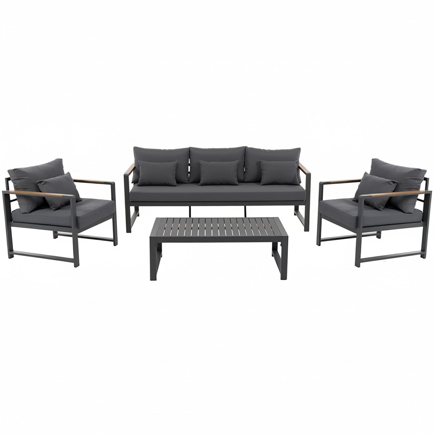 797019-01.jpg VESTIAMO CASA GIARDINO - Set da giardino 4 pezzi struttura in alluminio Antracite e braccioli in Polywood con cuscini Grigio Scuro - Formato da 1 divano, 2 poltrone e 1 tavolino - immagine 1