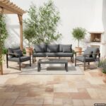 VESTIAMO CASA GIARDINO - Set da giardino 4 pezzi struttura in alluminio Antracite e braccioli in Polywood con cuscini Grigio Scuro - Formato da 1 divano, 2 poltrone e 1 tavolino - immagine 2