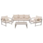 VESTIAMO CASA GIARDINO - Set da giardino 4 pezzi struttura in alluminio Sabbia e braccioli in Polywood con cuscini Beige - Formato da 1 divano, 2 poltrone e 1 tavolino