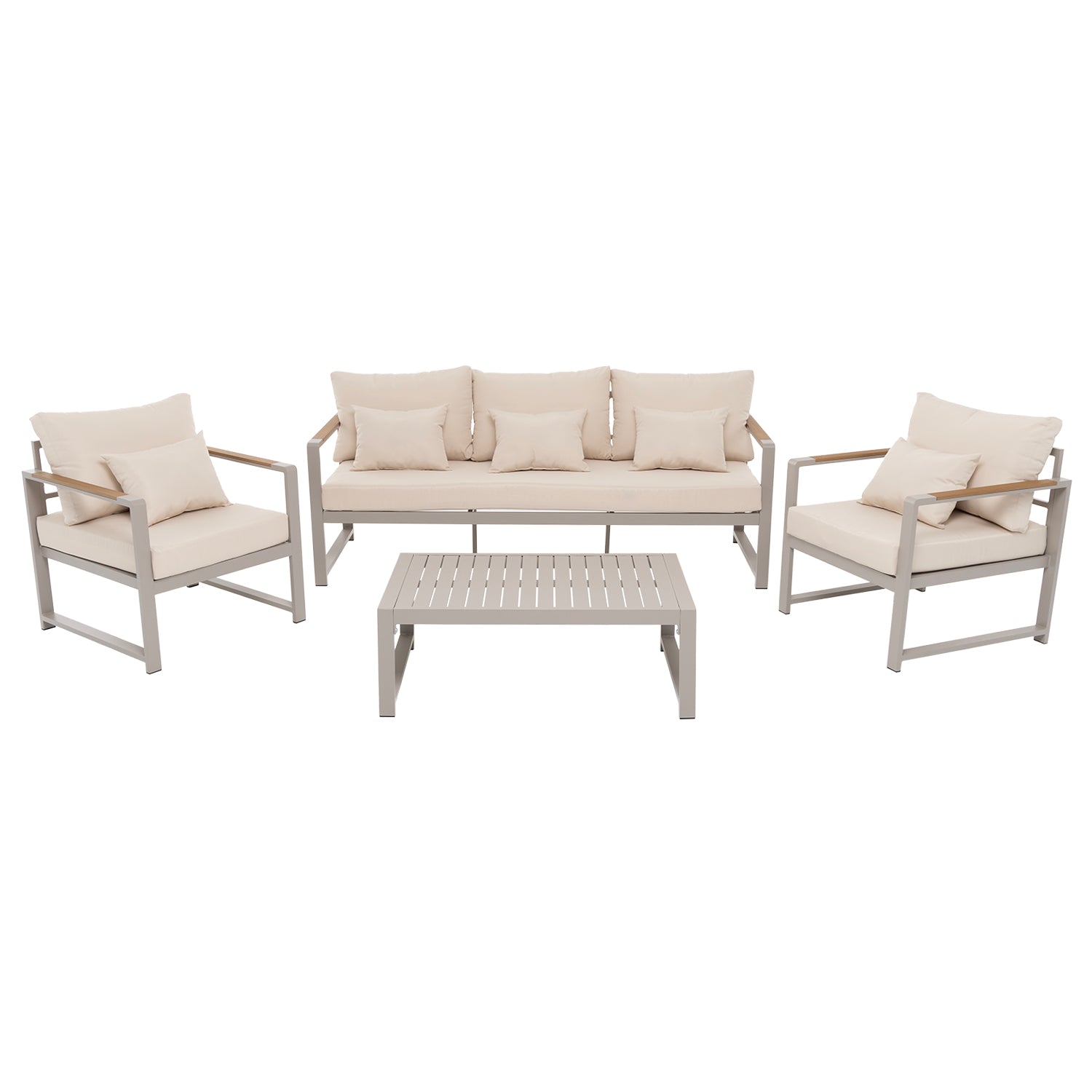 797019A-01.jpg VESTIAMO CASA GIARDINO - Set da giardino 4 pezzi struttura in alluminio Sabbia e braccioli in Polywood con cuscini Beige - Formato da 1 divano, 2 poltrone e 1 tavolino - immagine 1