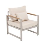 VESTIAMO CASA GIARDINO - Set da giardino 4 pezzi struttura in alluminio Sabbia e braccioli in Polywood con cuscini Beige - Formato da 1 divano, 2 poltrone e 1 tavolino - immagine 8