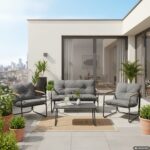 VESTIAMO CASA GIARDINO - Set da giardino 4 pezzi Struttura in Acciaio Antracite, braccioli in Polywood e Top in vetro e Cuscini Antracite inclusi - immagine 2