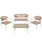 VESTIAMO CASA GIARDINO - Set da giardino 4 pezzi Struttura in Acciaio Bianca, Schienale in Rattan, Top in vetro e Cuscini Tortora inclusi