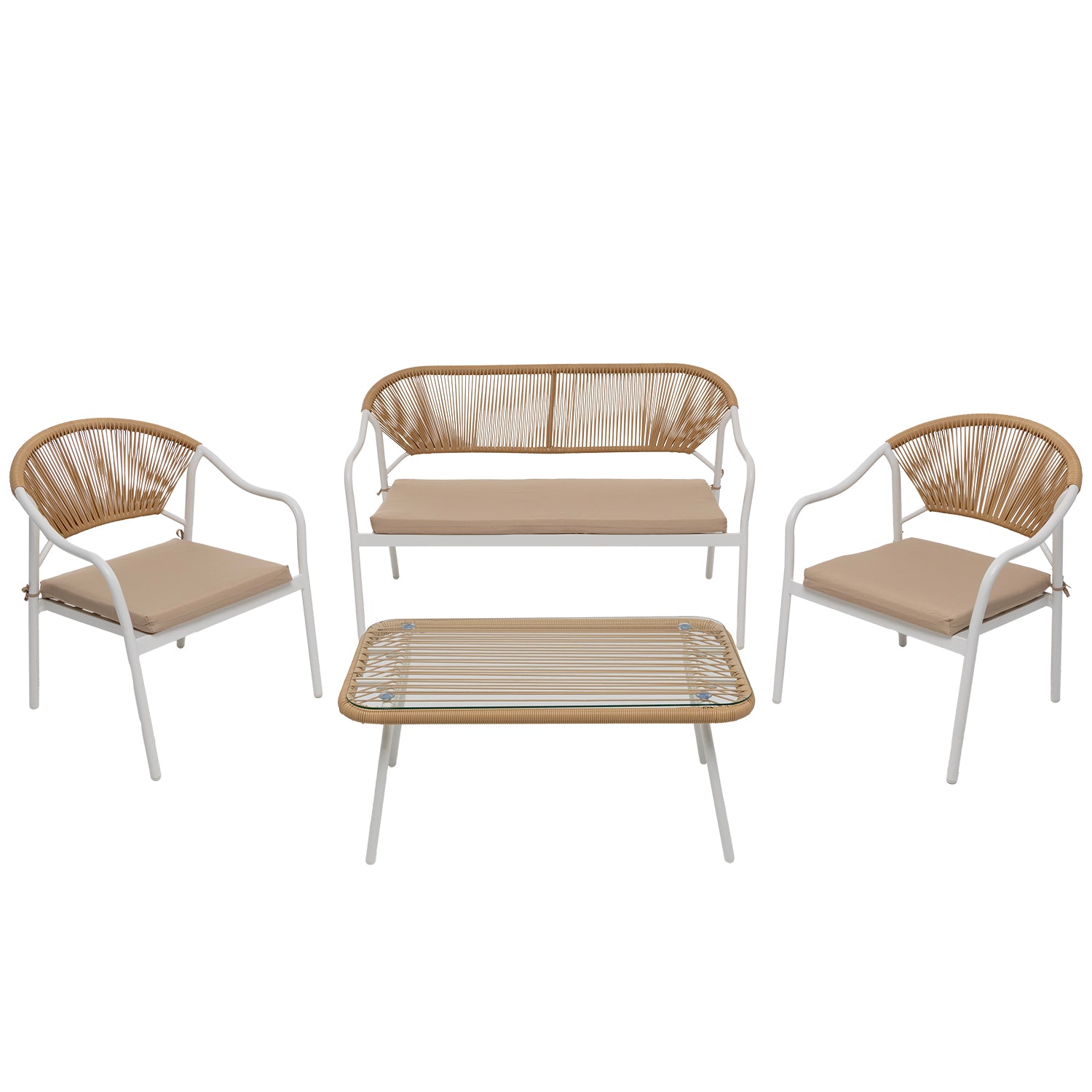 797204-01.jpg VESTIAMO CASA GIARDINO - Set da giardino 4 pezzi Struttura in Acciaio Bianca, Schienale in Rattan, Top in vetro e Cuscini Tortora inclusi - immagine 1