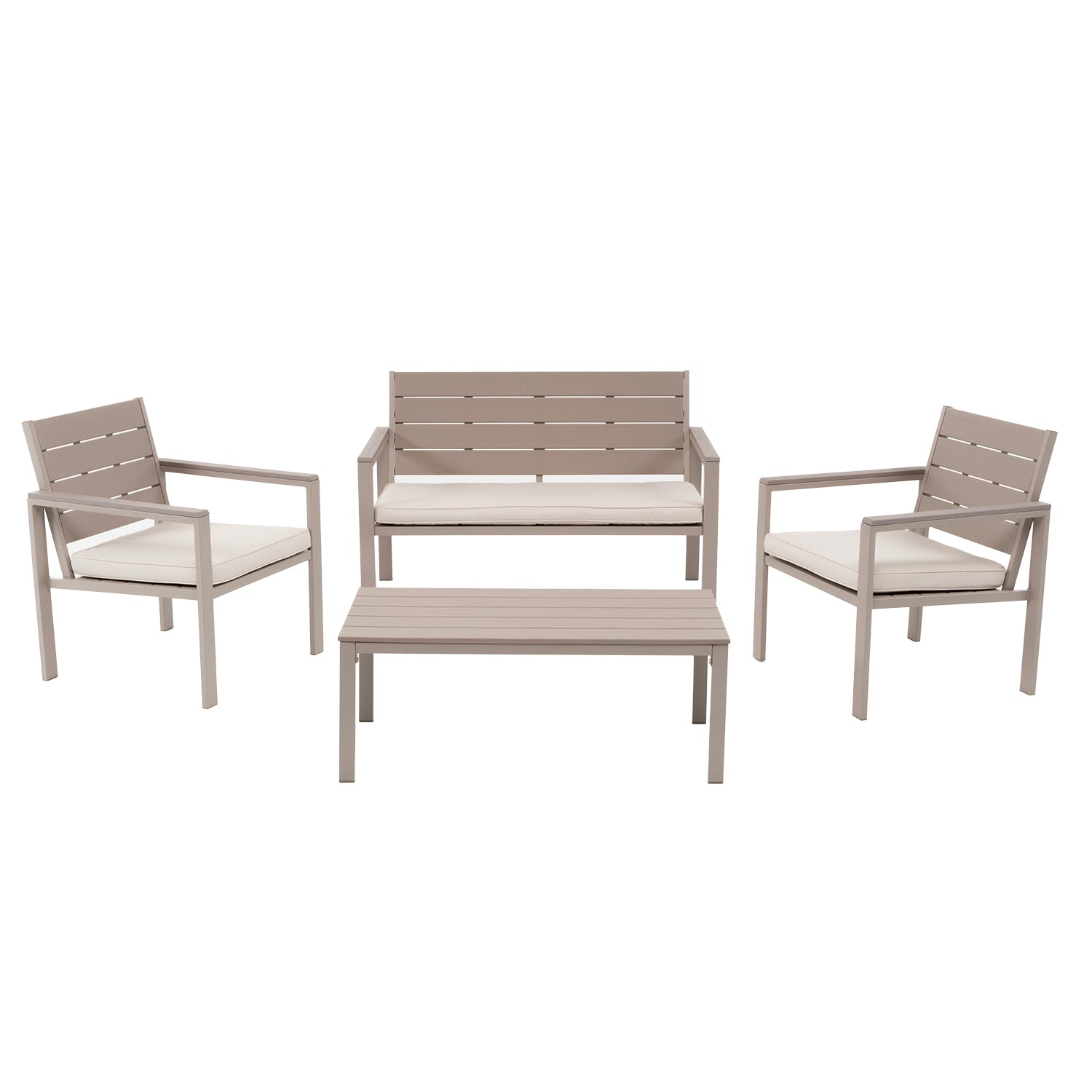 7978221842.jpg VESTIAMO CASA GIARDINO - Set da giardino 4 pezzi struttura in acciaio Beige con Doghe in HDPE Effetto Legno Tortora - immagine 1