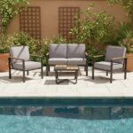 VESTIAMO CASA GIARDINO - Set da giardino 4 pezzi struttura in acciaio Antracite e Doghe in HDPE con cuscini Grigio Scuro - Formato da Panchina a 2 posti, 2 poltrone e tavolino da salotto - immagine 2