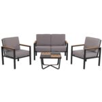 VESTIAMO CASA GIARDINO - Set da giardino 4 pezzi struttura in acciaio Antracite e Doghe in HDPE con cuscini Grigio Scuro - Formato da Panchina a 2 posti, 2 poltrone e tavolino da salotto