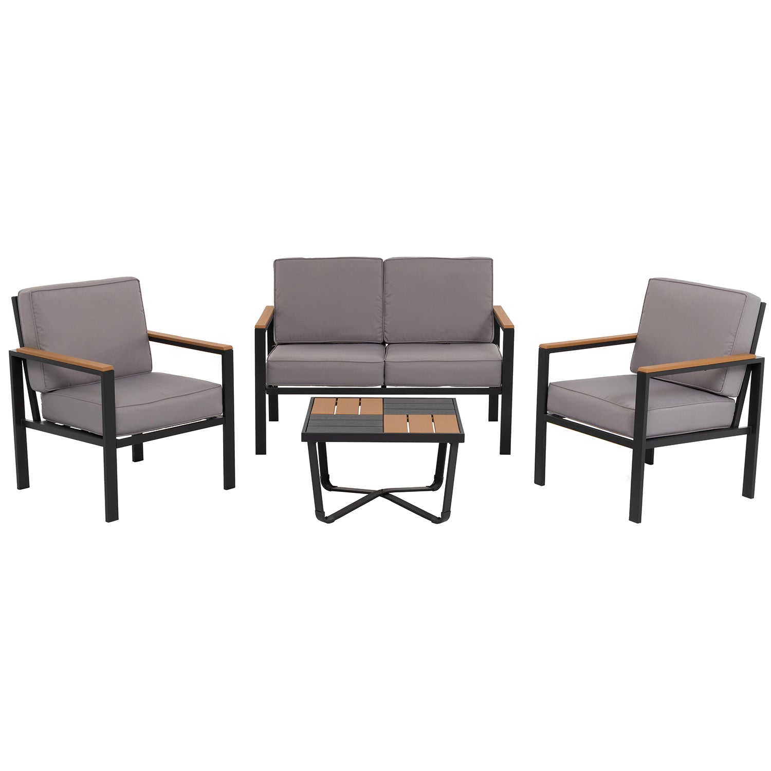 797824_1.jpg VESTIAMO CASA GIARDINO - Set da giardino 4 pezzi struttura in acciaio Antracite e Doghe in HDPE con cuscini Grigio Scuro - Formato da Panchina a 2 posti, 2 poltrone e tavolino da salotto - immagine 1