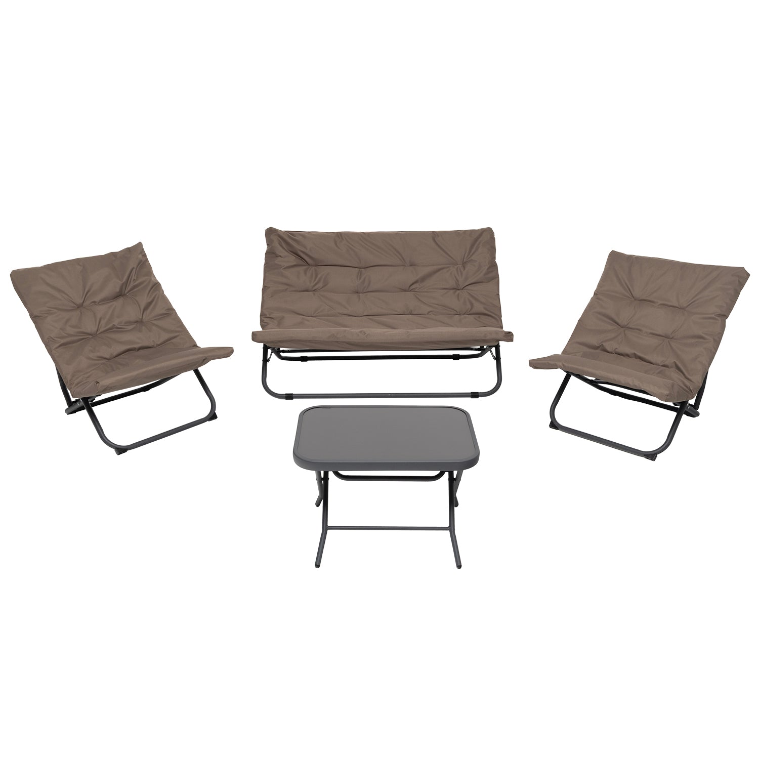 798107-01.jpg VESTIAMO CASA GIARDINO - Set da giardino 4 pezzi con Struttura in Acciaio Antracite, Tavolino con top in vetro e cuscini Tortora - immagine 1