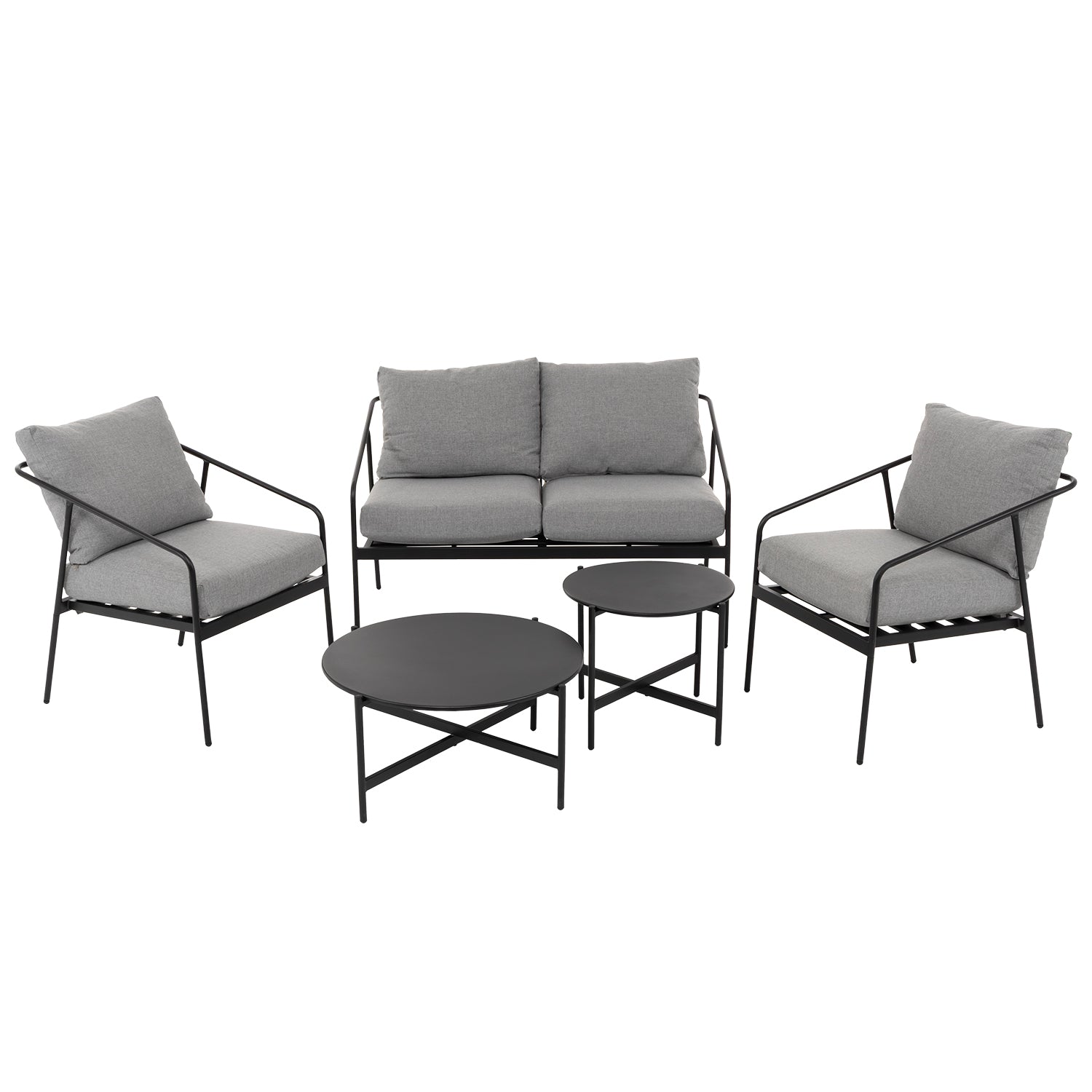 800560-01.jpg VESTIAMO CASA GIARDINO - Set da giardino 5 pezzi struttura in acciaio e top tavolini in metallo con cuscini Grigio Scuro - immagine 1
