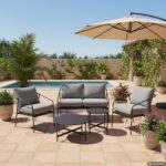 VESTIAMO CASA GIARDINO - Set da giardino 5 pezzi struttura in acciaio e top tavolini in metallo con cuscini Grigio Scuro - immagine 2