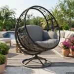 VESTIAMO CASA GIARDINO - Poltrona Dondolo da Giardino in acciaio con rivestimento Effetto Rattan Grigio Scuro e cuscini inclusi - h142x124x90 cm - immagine 2