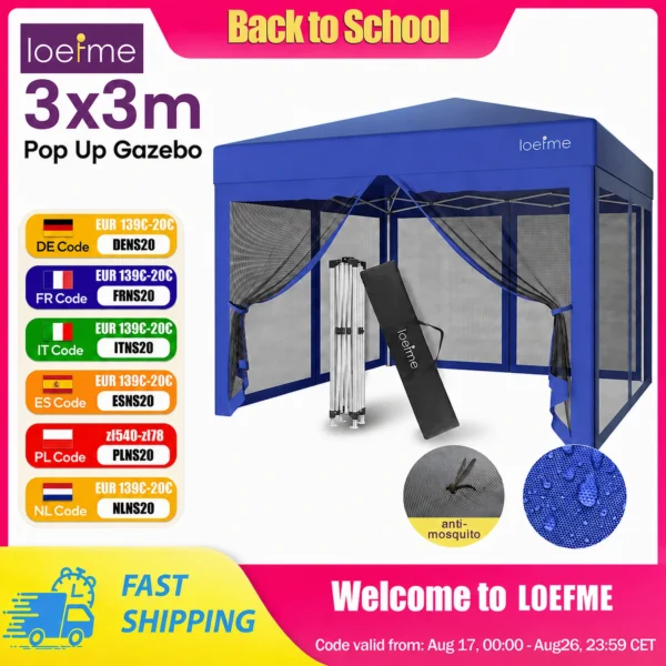 LOEFME Gazebo Pop-Up 3x3M con Zanzariera, Tenda Impermeabile con Pareti in Rete, Protezione UV per Campeggio, Patio e Giardino