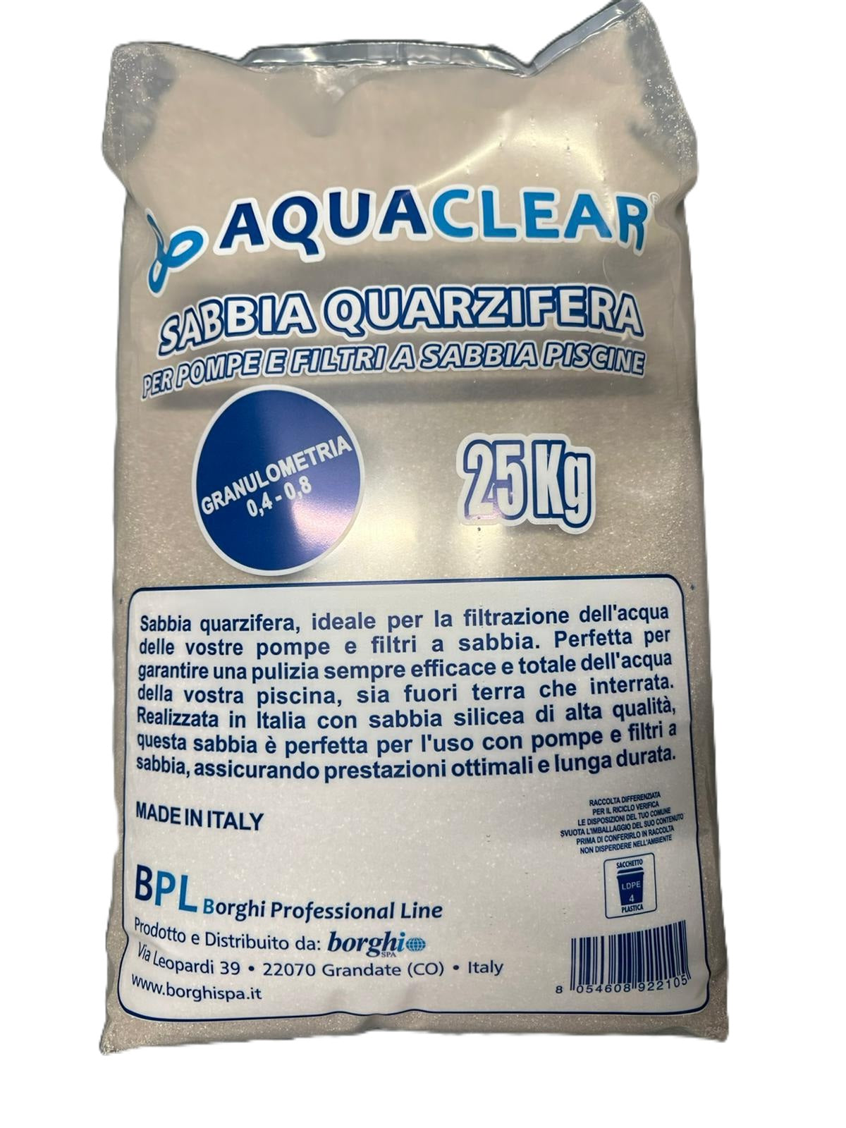 AQCLSABQUSF.jpg AQUACLEAR - Sabbia Quarzifera 25 kg Granulometria 0,4–0,8 mm - Per Pompe e Filtri a Sabbia Piscine - immagine 1
