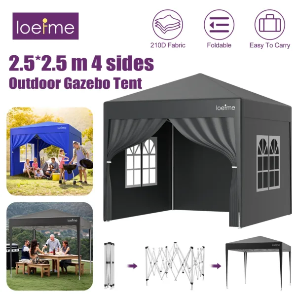 Gazebo Portatile LOEFME 2.5x2.5M, Gazebo Pop-Up per Esterni, Riparo Impermeabile e Antivento, Tenda da Campeggio con Tettuccio in Tessuto a 4 Lati