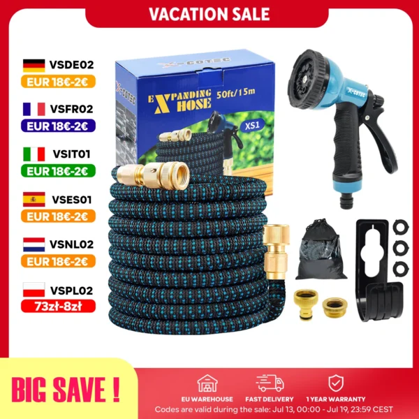 X-COTEC Tubo da Giardino Espandibile, Tubi Dell'acqua, Connettori da 1/2" e 3/4"，10 Ugelli Funzionali，15m/50FT， per l'irrigazione e la Pulizia del Giardino, il Lavaggio Dell'auto
