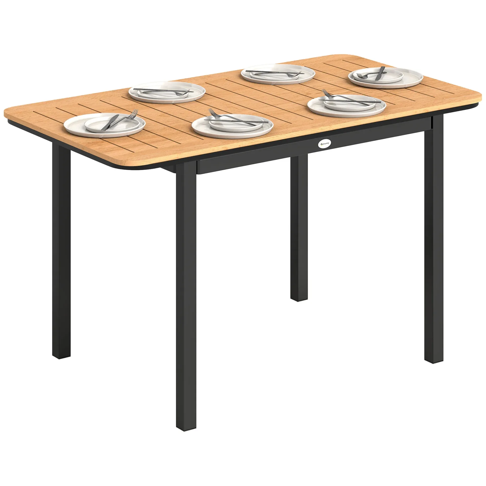 S061a62ea1c68462eba4fbae8a65f6bccI.webp Outsunny Tavolo da Giardino Rettangolare per 6 Persone in Legno Composito con Struttura in Metallo e Piano a Doghe, 127x70 cm, Marrone