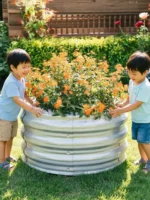 Fioriera Rotonda in Metallo, Vaso Rialzato per Giardino, Contenitore per Piante 23.62 * 11.02 Pollici Anti-Deformazione con Guanti
