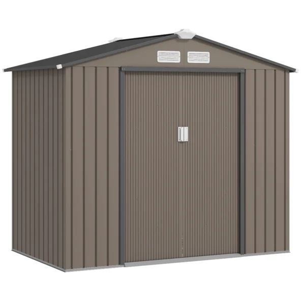Casetta da giardino Outsunny in metallo 2,77 m² - Casetta da giardino 213x185 cm con kit di fondazione, porta scorrevole con serratura e 4 finestre di ventilazione - Marrone