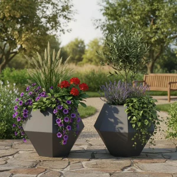 Set di 2 Fioriere in Acciaio Antracite 50x50x40 cm, Vasi Quadrati per Giardino, Terrazza e Balcone