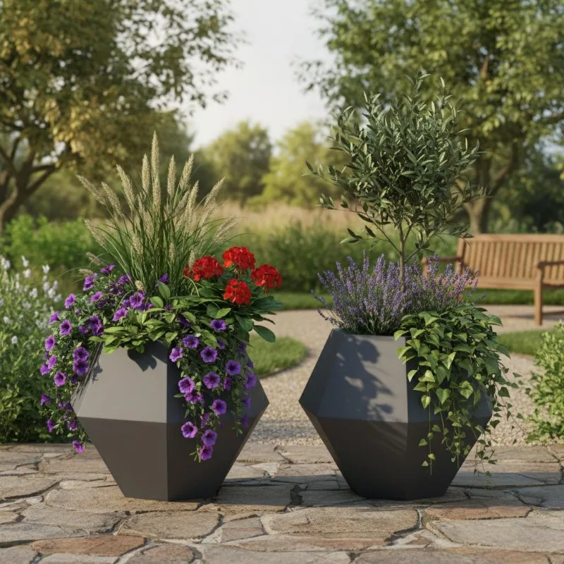 S13f1eb973dba4ff8816337f2683dd41eA.webp Set di 2 Fioriere in Acciaio Antracite 50x50x40 cm, Vasi Quadrati per Giardino, Terrazza e Balcone