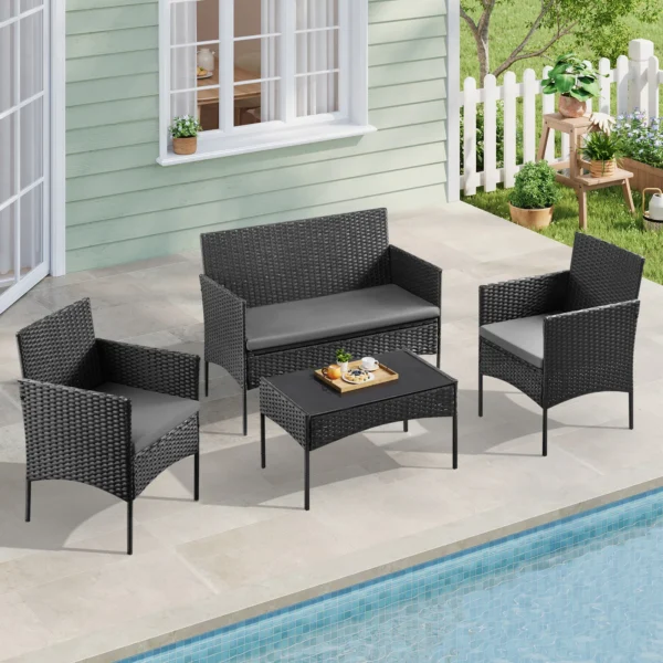 WOLTU Set di Mobili da Giardino in Rattan, Tavolino da Caffè, 2 Poltrone e Divano a 2 Posti con Cuscini, Resistente alle Intemperie per Balcone e Giardino