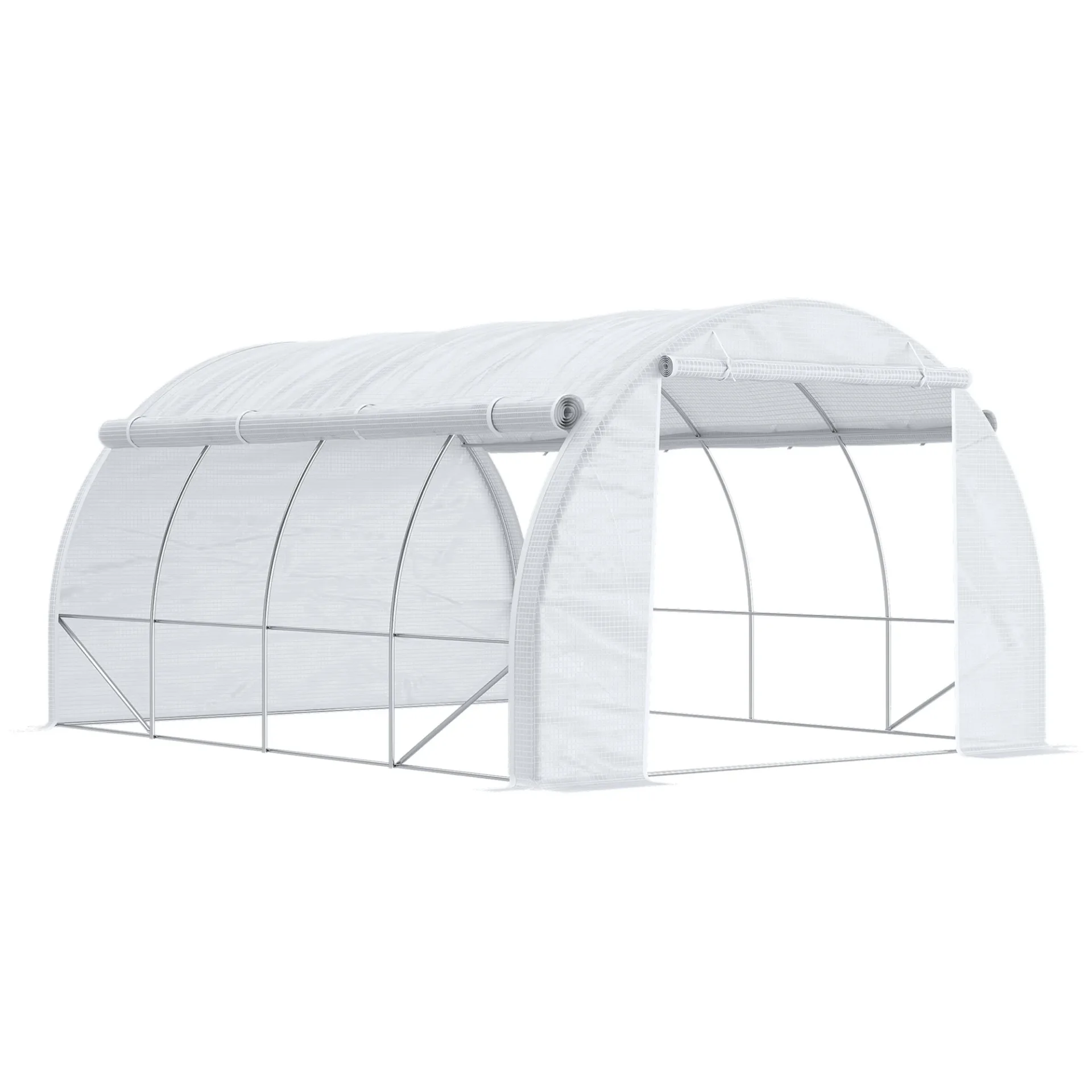 S24f4cccea0b04eafbc85603fd4183dfaR.webp Outsunny serra da giardino 12 m² dim. 4L x 3l x 2H m con porta + pareti laterali avvolgibili con cerniera, 8 finestre, in acciaio PE ad alta densità 140 g/m² anti-UV Bianco
