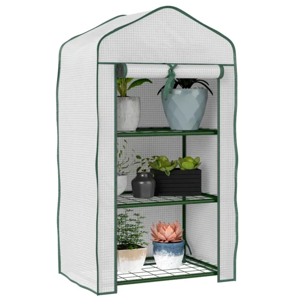 Outsunny serra da giardino con scaffali a 3 livelli, serra da balcone, telo in PE rinforzato, telaio in acciaio, porta con cerniera avvolgibile, per ortaggi, piante e fiori, 59x39x cm, Bianco