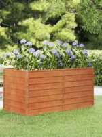 Lettino rialzato da giardino 160x80x77 cm in acciaio Corten effetto ruggine, con fioriera per orto esterno