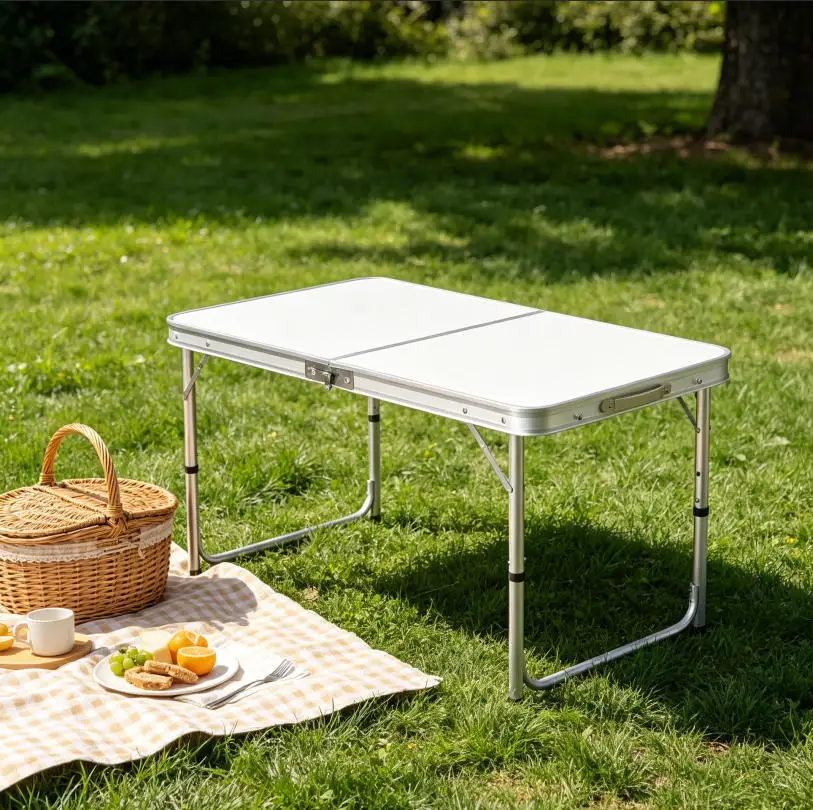 S57079db1749240a482e8f1b941bc0202G.webp Tavolo pieghevole in alluminio leggero da 120 cm (4 piedi) regolabile in altezza, compatto e portatile, ideale per campeggio, picnic, casa, cucina, giardino, cortile e barbecue.