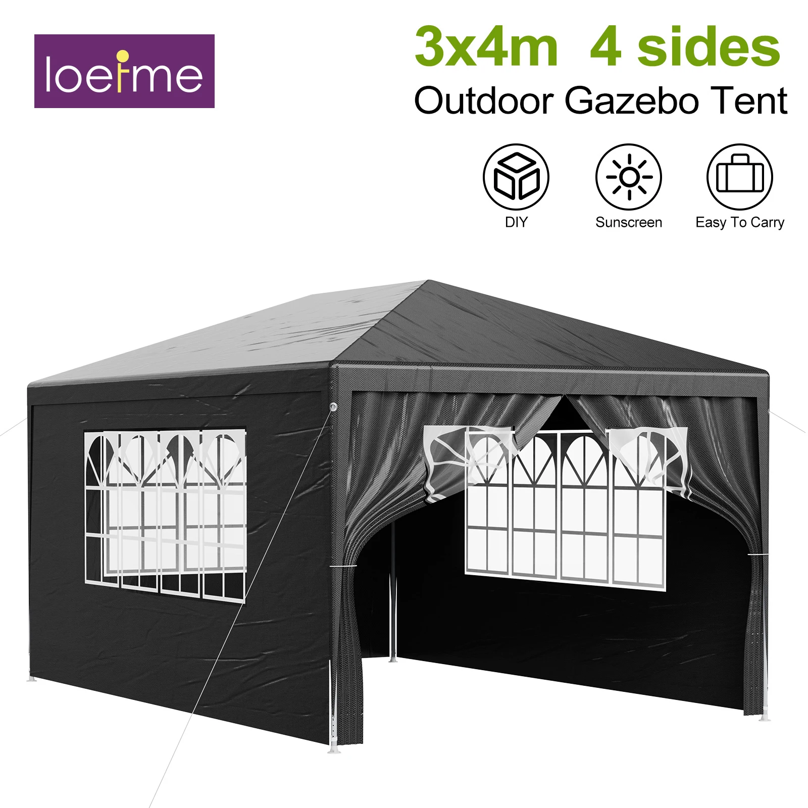 S61d98c74945f4496b9d518e98577e7a0Q.webp Gazebo LOEFME 3x4M 3x3M, Tenda Impermeabile e Antivento con Protezione UV, con 4 Pareti Laterali Rimovibili, per Giardino e Campeggio