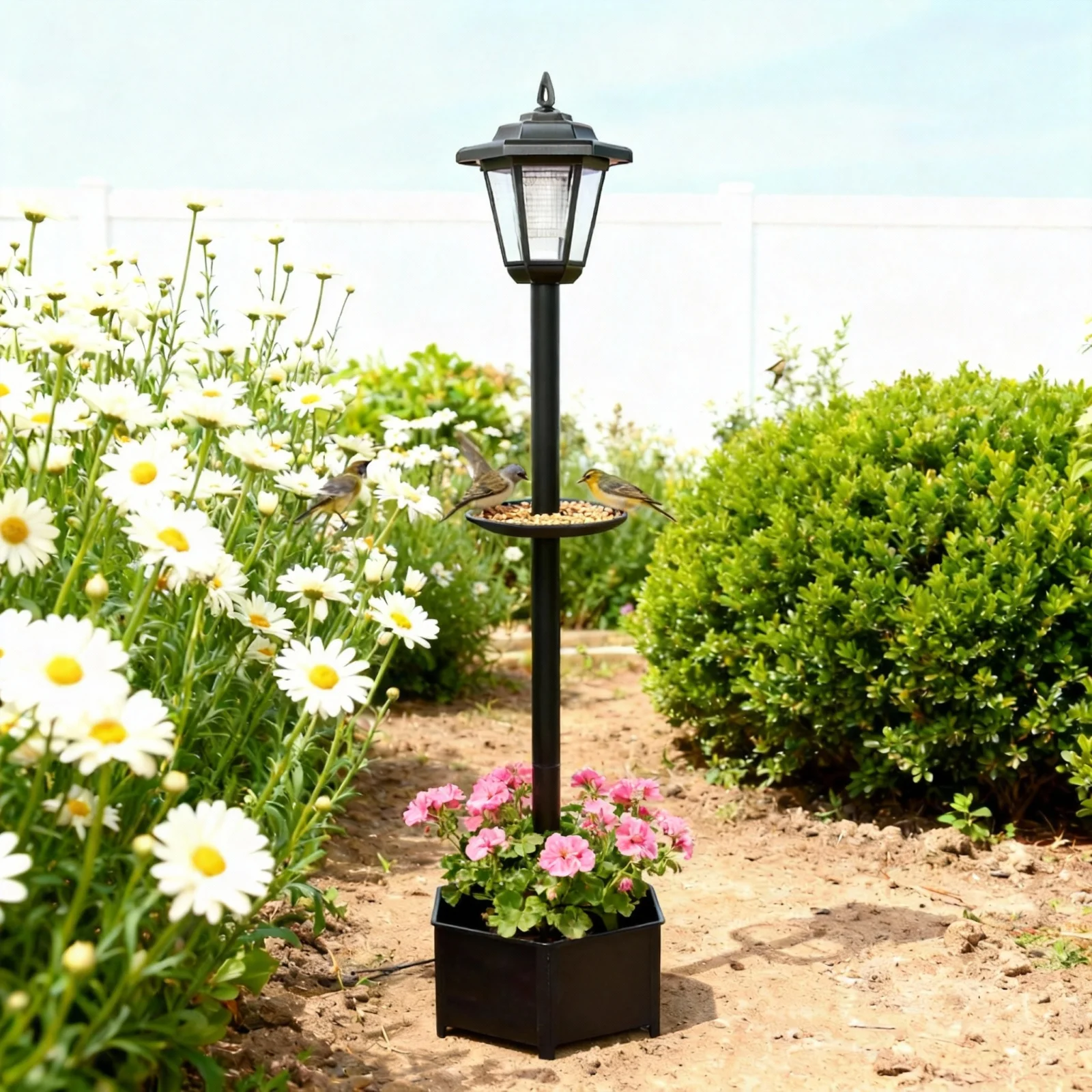 S68e959eb1cf143ecb86b8c2c91ba93a34.webp Lanterna da Giardino a Energia Solare con Mangiatoia per Uccelli e Fioriera - Luce Decorativa 3-in-1 per Esterni, Cortile, Patio, Balcone (Nero) IP44
