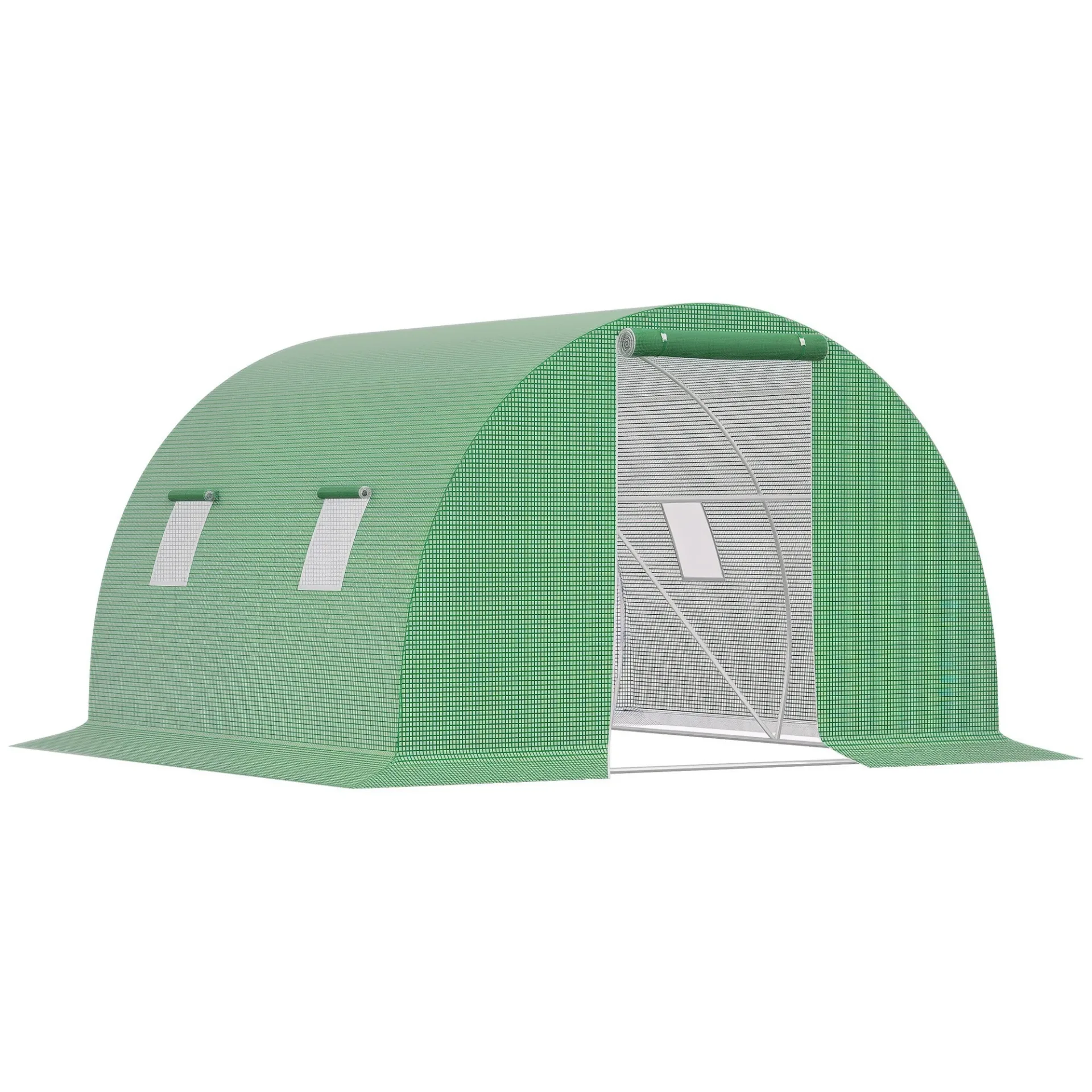 S74b29118f22642dcb393c01f6b5ef7eac.webp Outsunny Serra da Giardino a Tunnel 9 m² dim. 3L x 3L x 2H m - 4 finestre, porta con cerniera, telaio a tubo avvolgibile in acciaio zincato, telone in PE verde ad alta densità