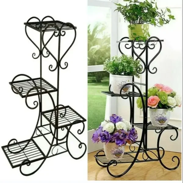 Supporto per piante in metallo a 4 livelli per interni ed esterni, patio, vasi da fiori, espositore, organizer in bianco e nero