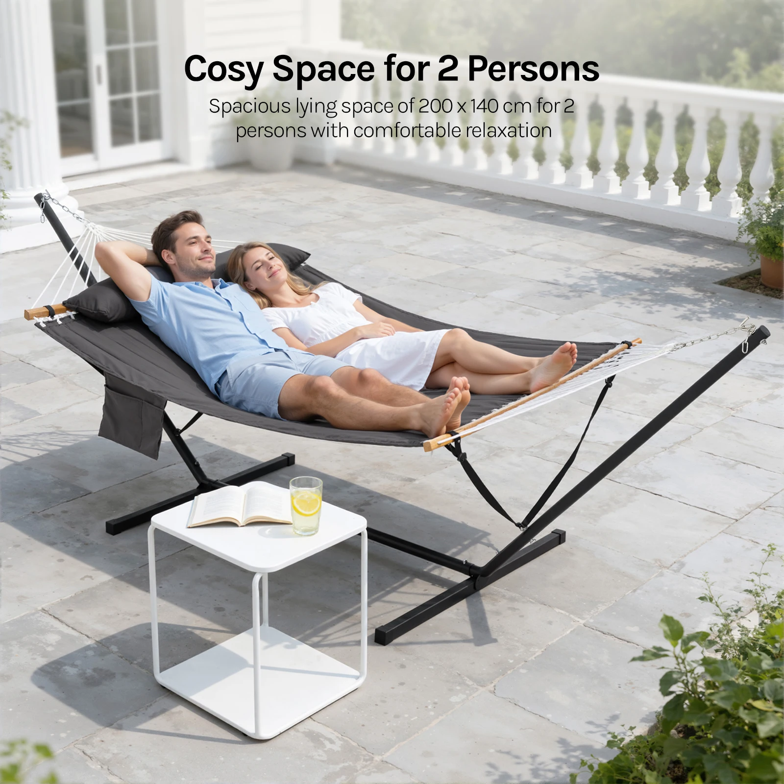 S97112b3690ec4830b1d71d9315425af3G.webp WOLTU Amaca da Giardino e Campeggio con Telaio, Amaca Doppia con Tasca Laterale e Cuscino per 2 Persone, per Patio e Balcone